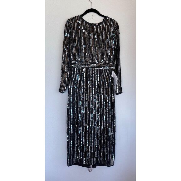 NWT Mac Duggal Embellished High Neck Long Sleeve Fitted Dress in Charcoal Gray 4 - Picture 5 of 16